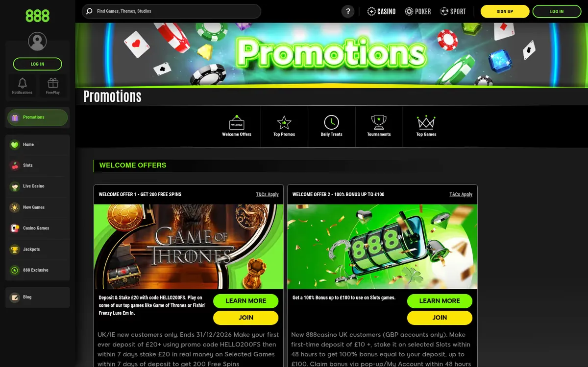 888 Casino promotions page