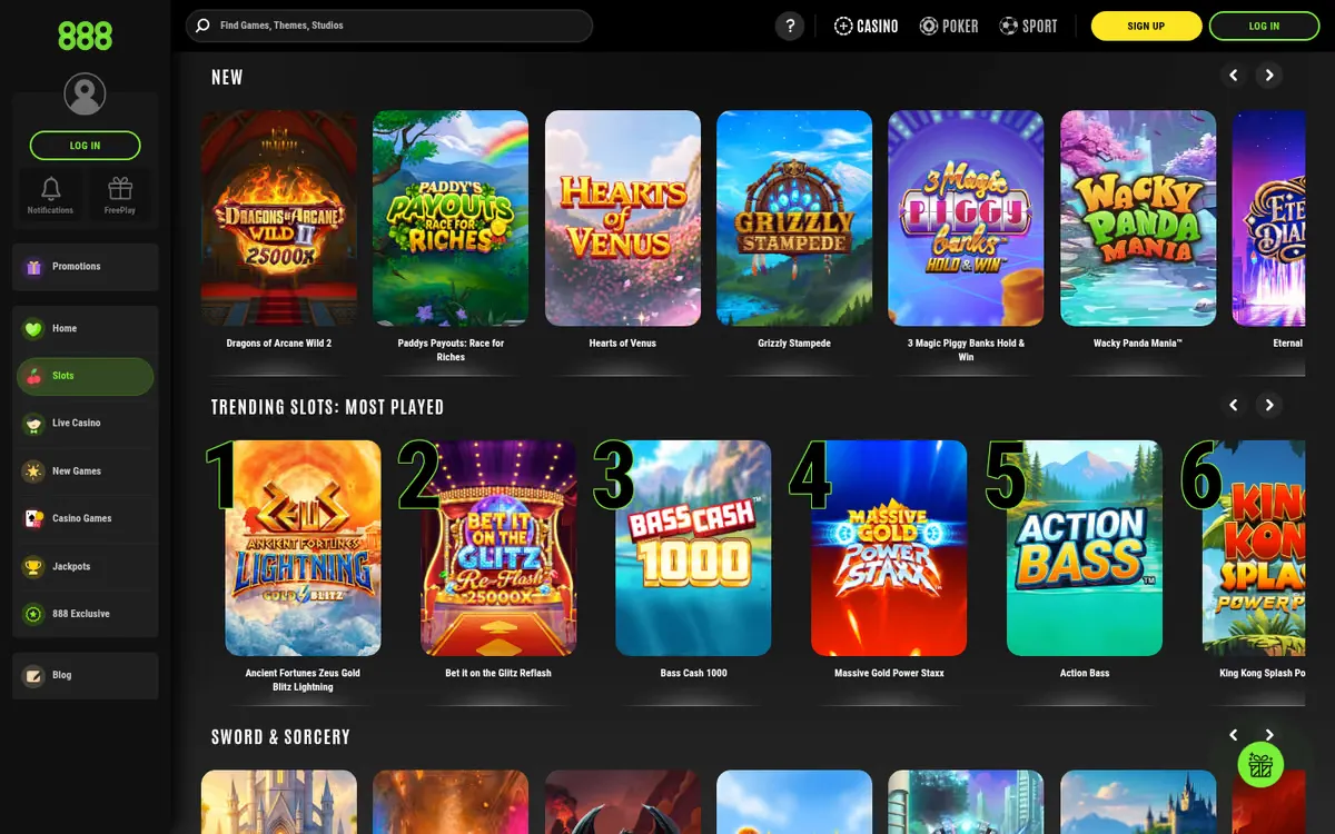 888 Casino slots lobby