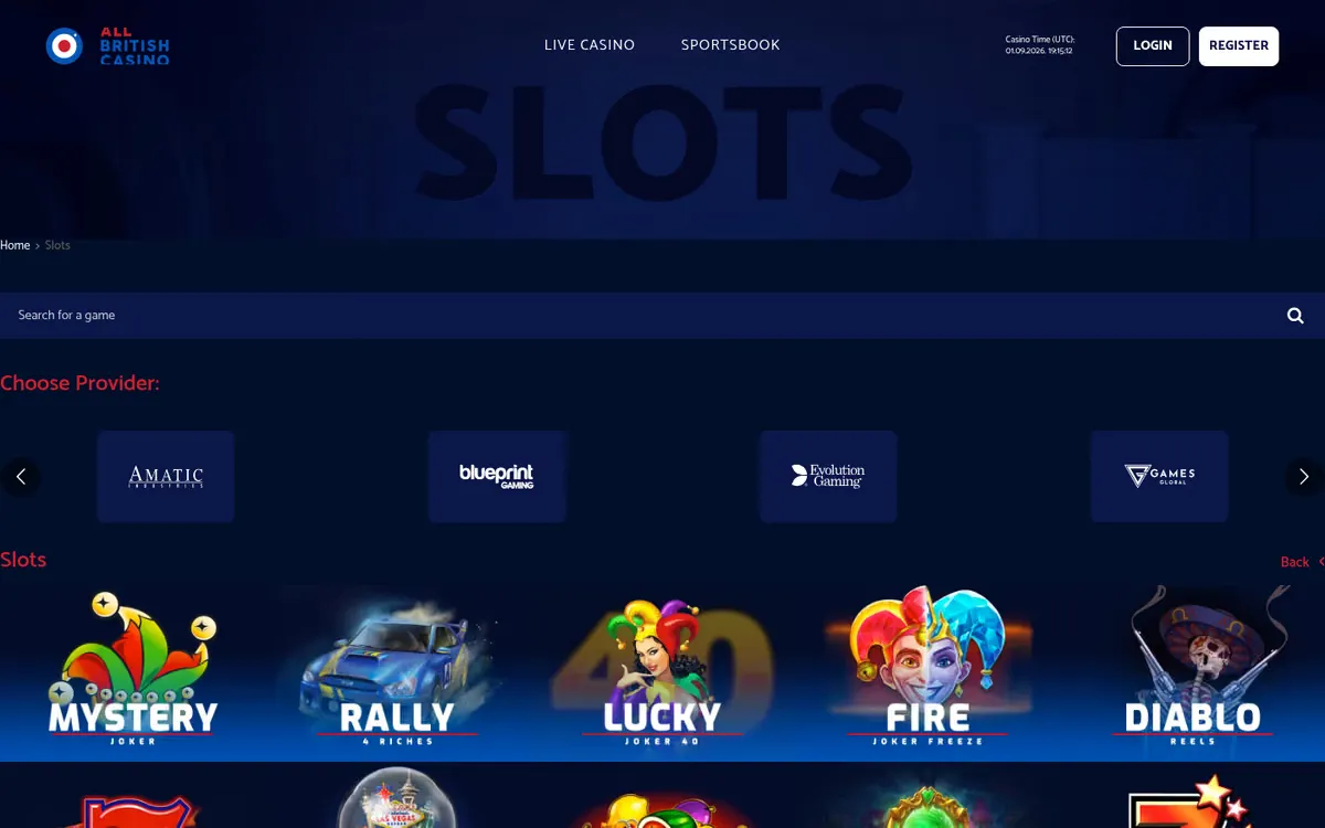 All British Casino slots lobby