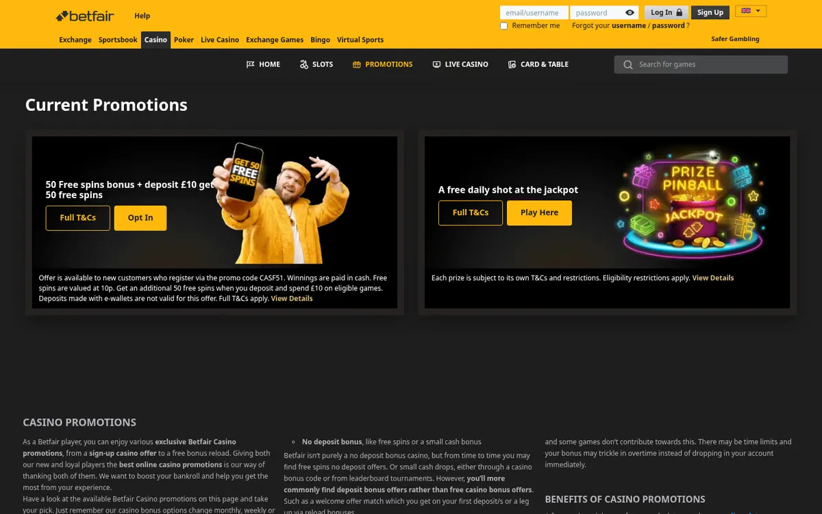Betfair promotions page