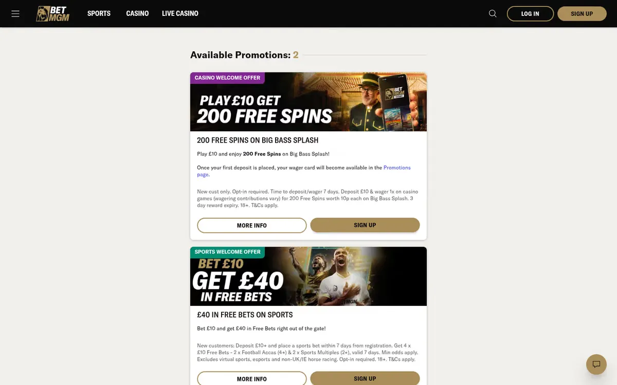 BetMGM promotions page