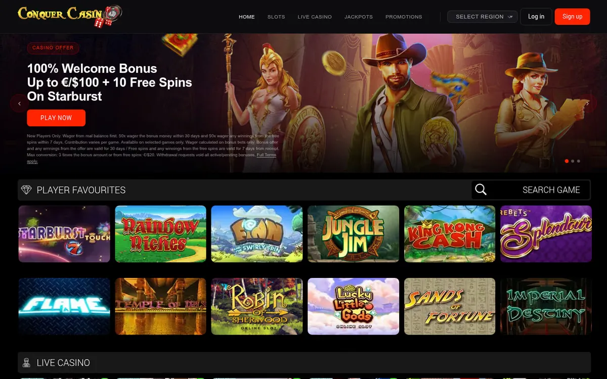 Conquer Casino homepage
