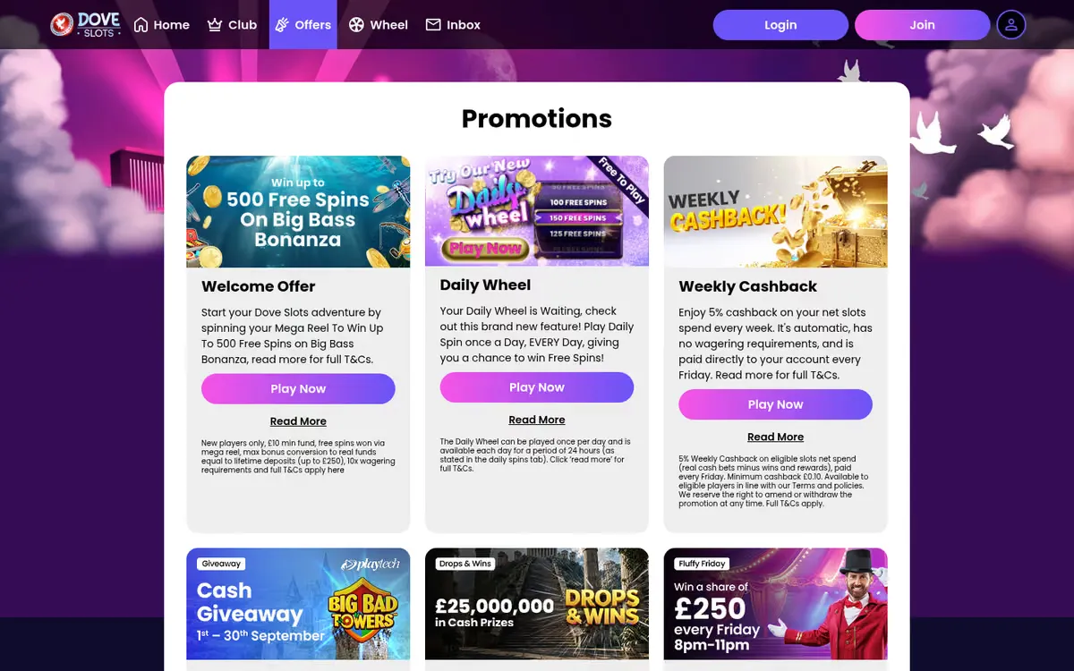 Dove Slots promotions page