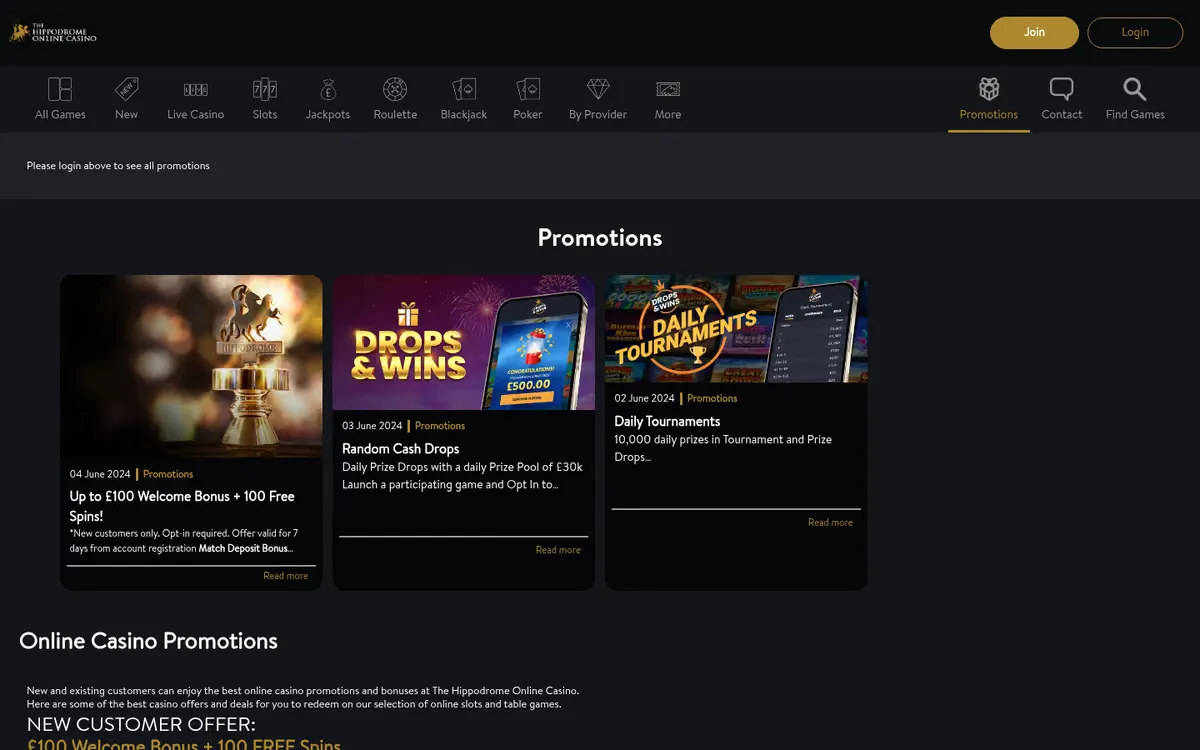 Hippodrome Online promotions page