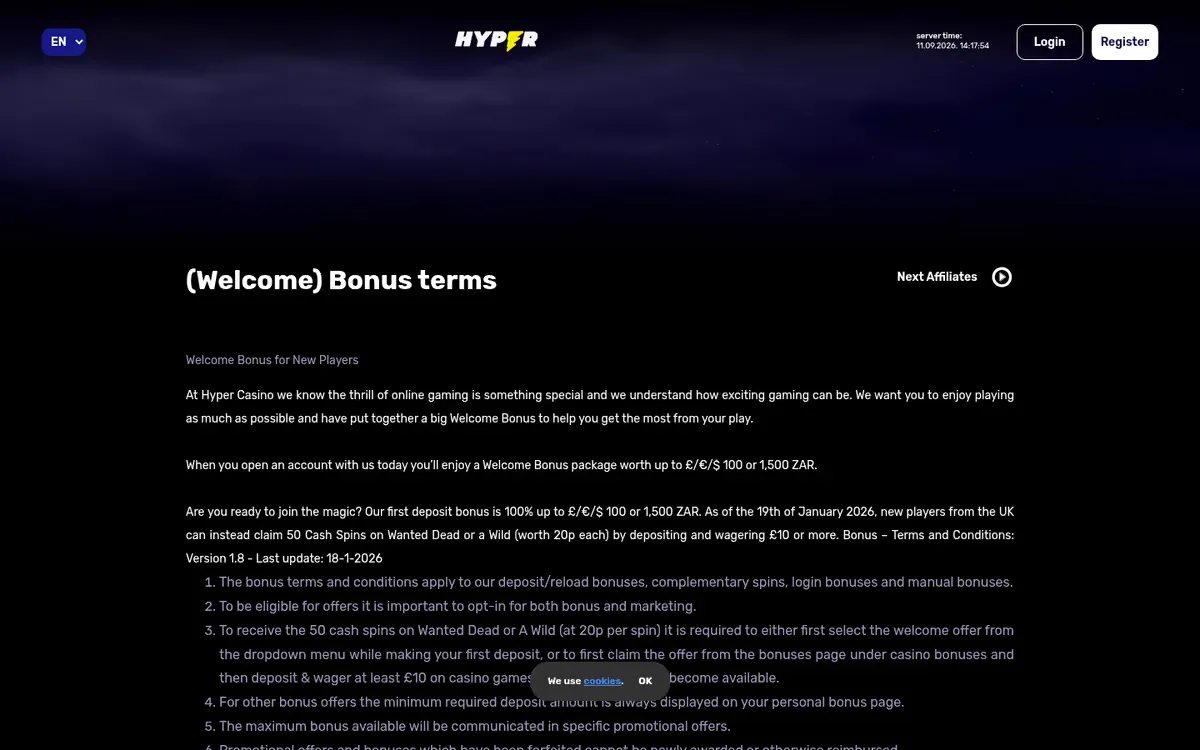Hyper Casino promotions page