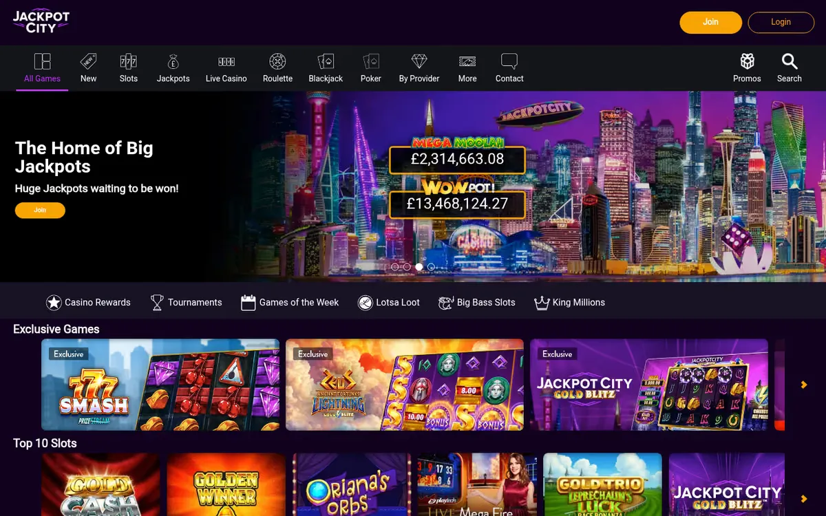 Jackpot City slots lobby