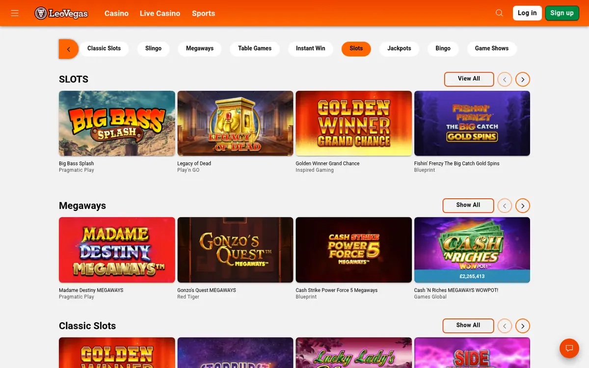 LeoVegas slots lobby