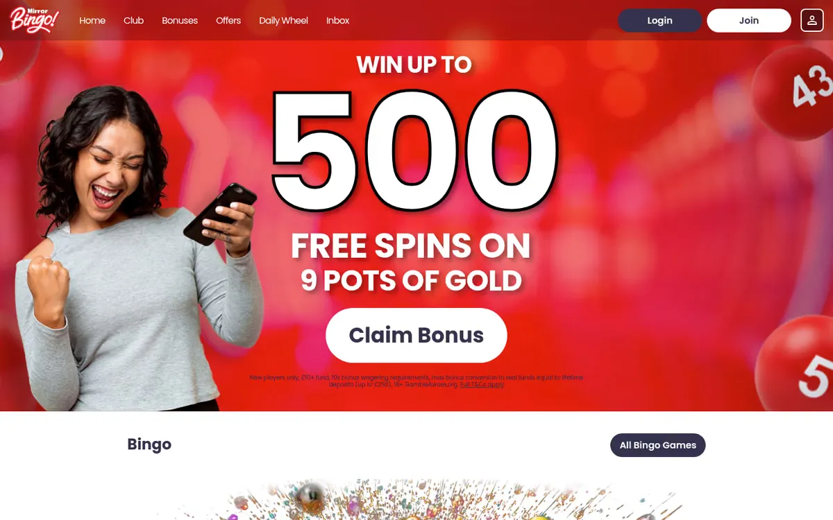 Mirror Bingo homepage