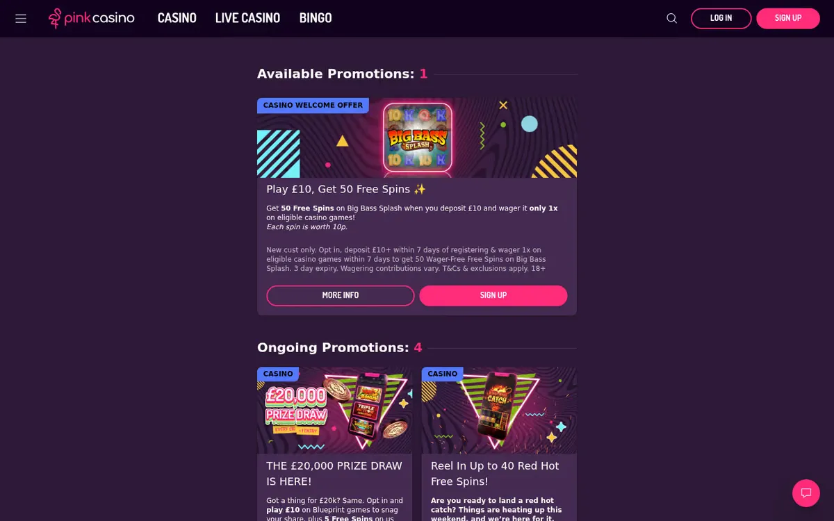 Pink Casino promotions page
