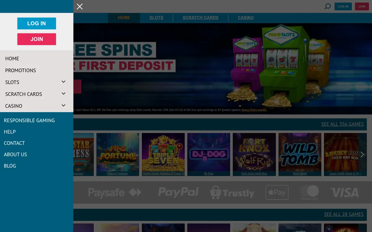 Prime Slots homepage