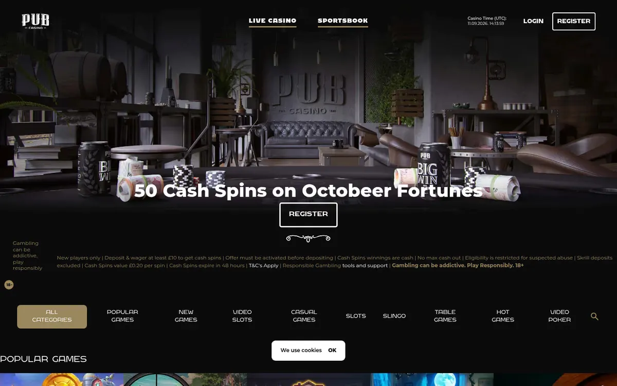 Pub Casino homepage