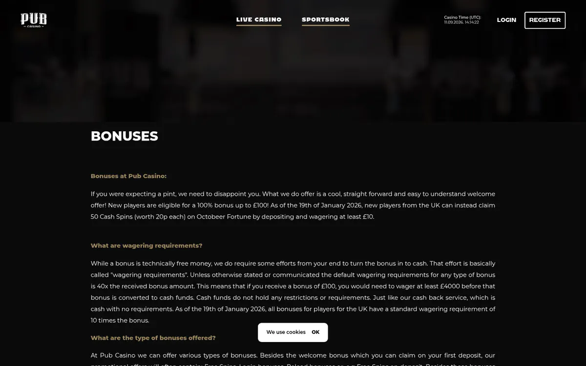 Pub Casino promotions page