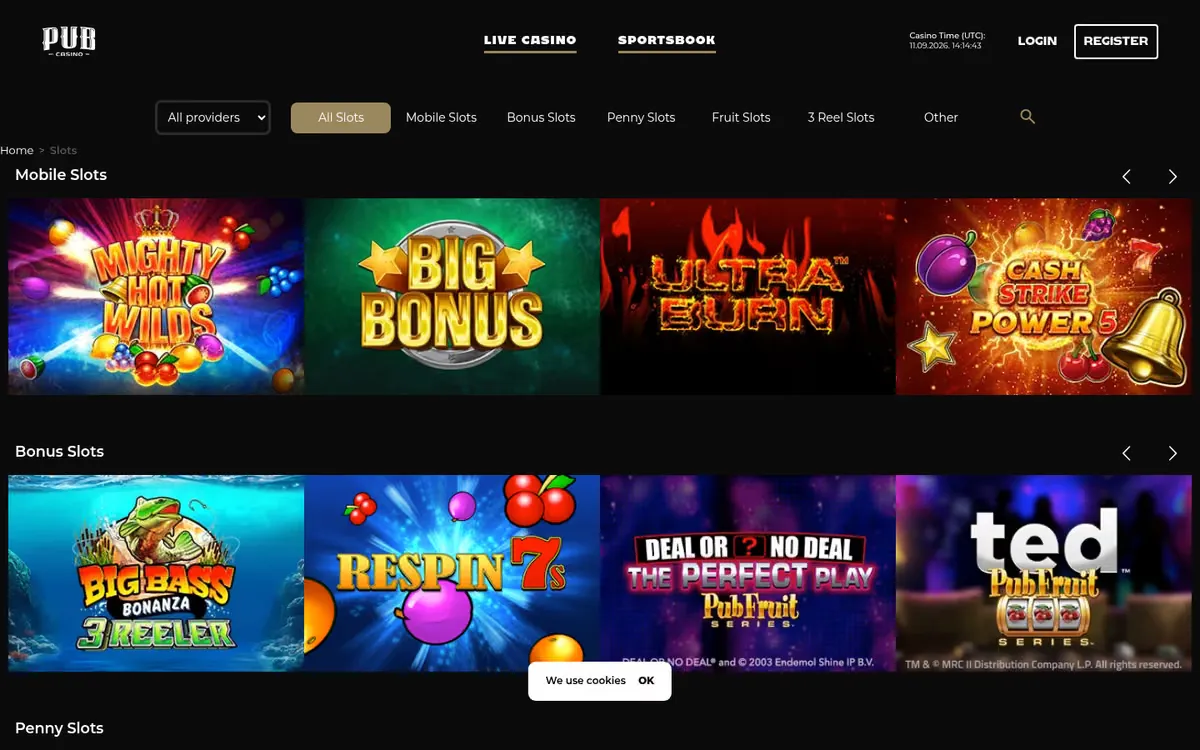 Pub Casino slots lobby