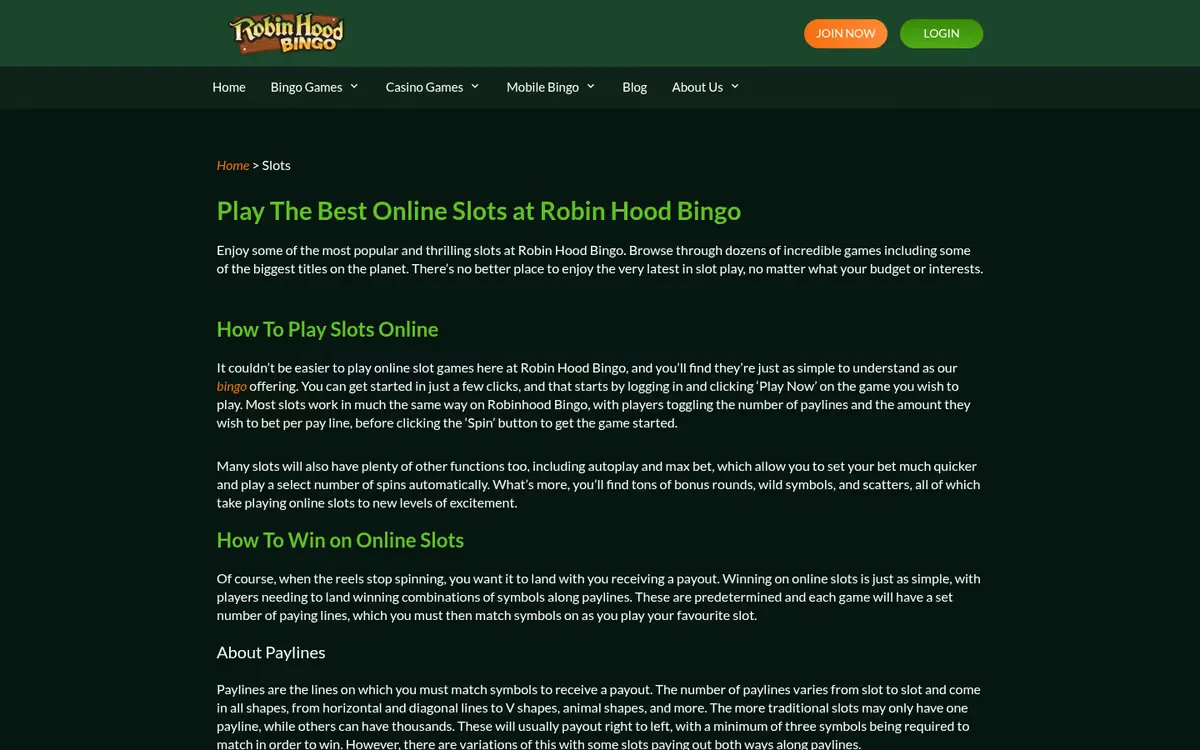 Robin Hood Bingo slots lobby