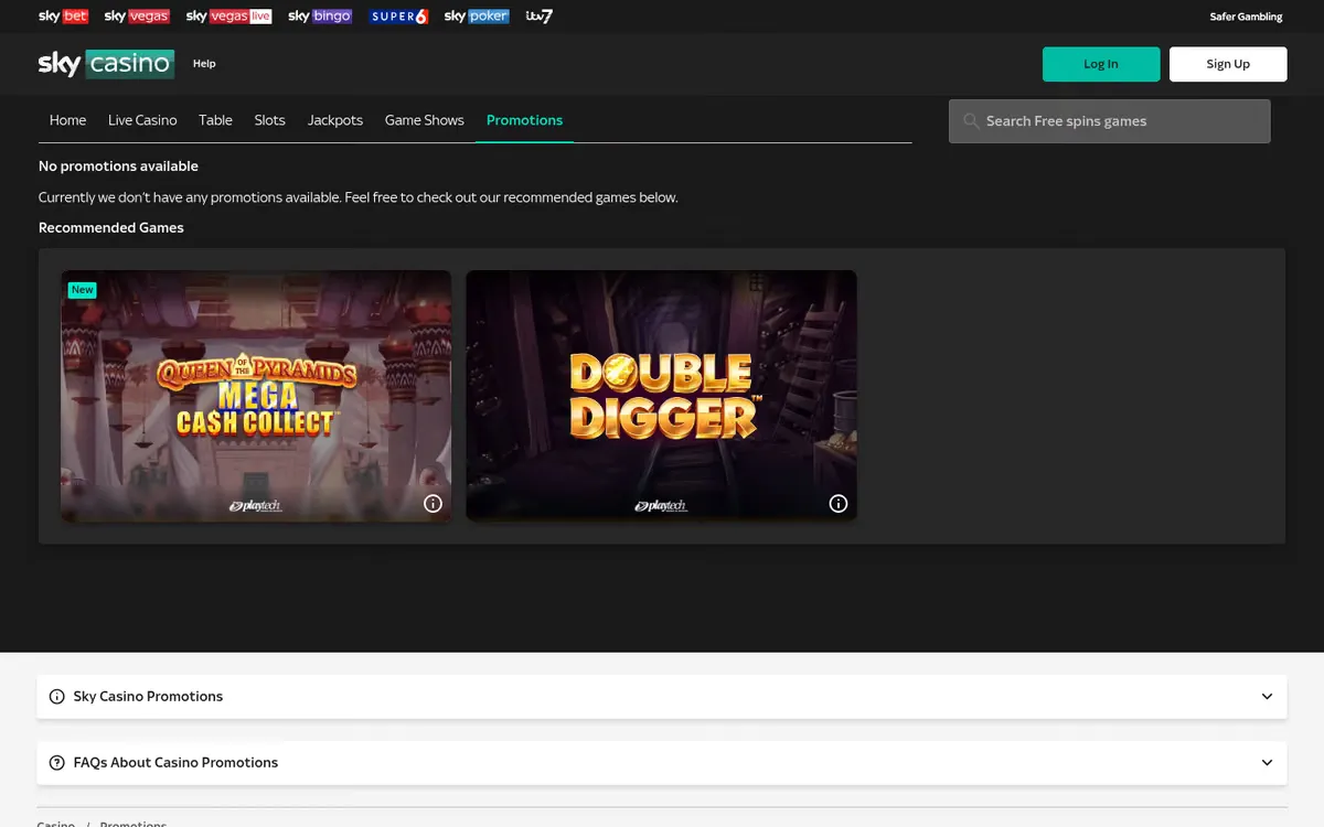 Sky Casino promotions page