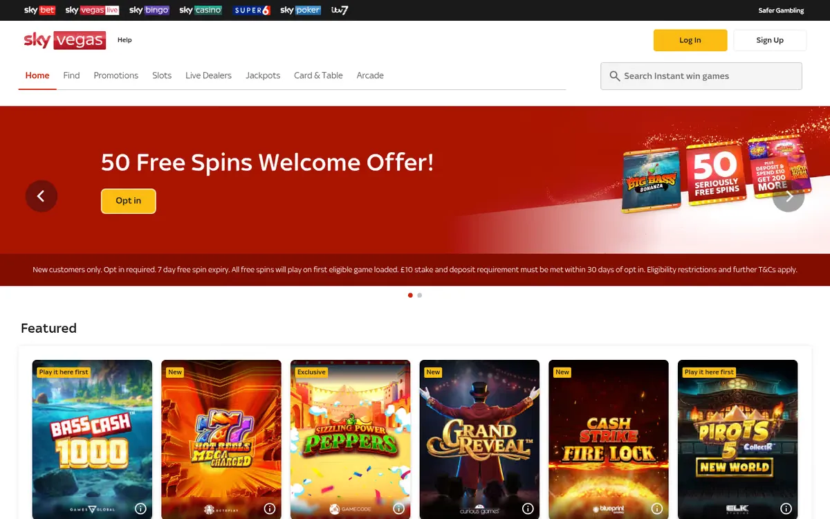 Sky Vegas homepage