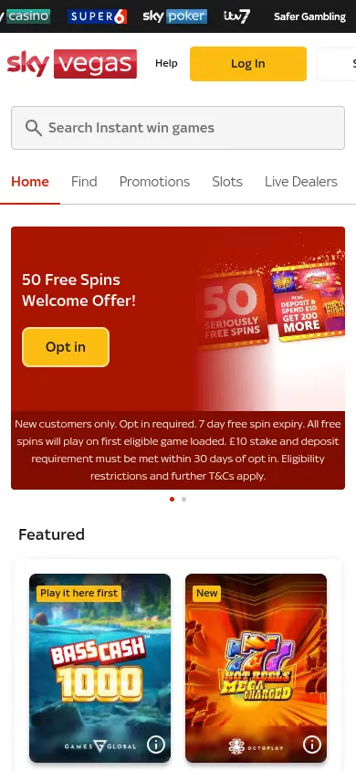 Sky Vegas mobile site