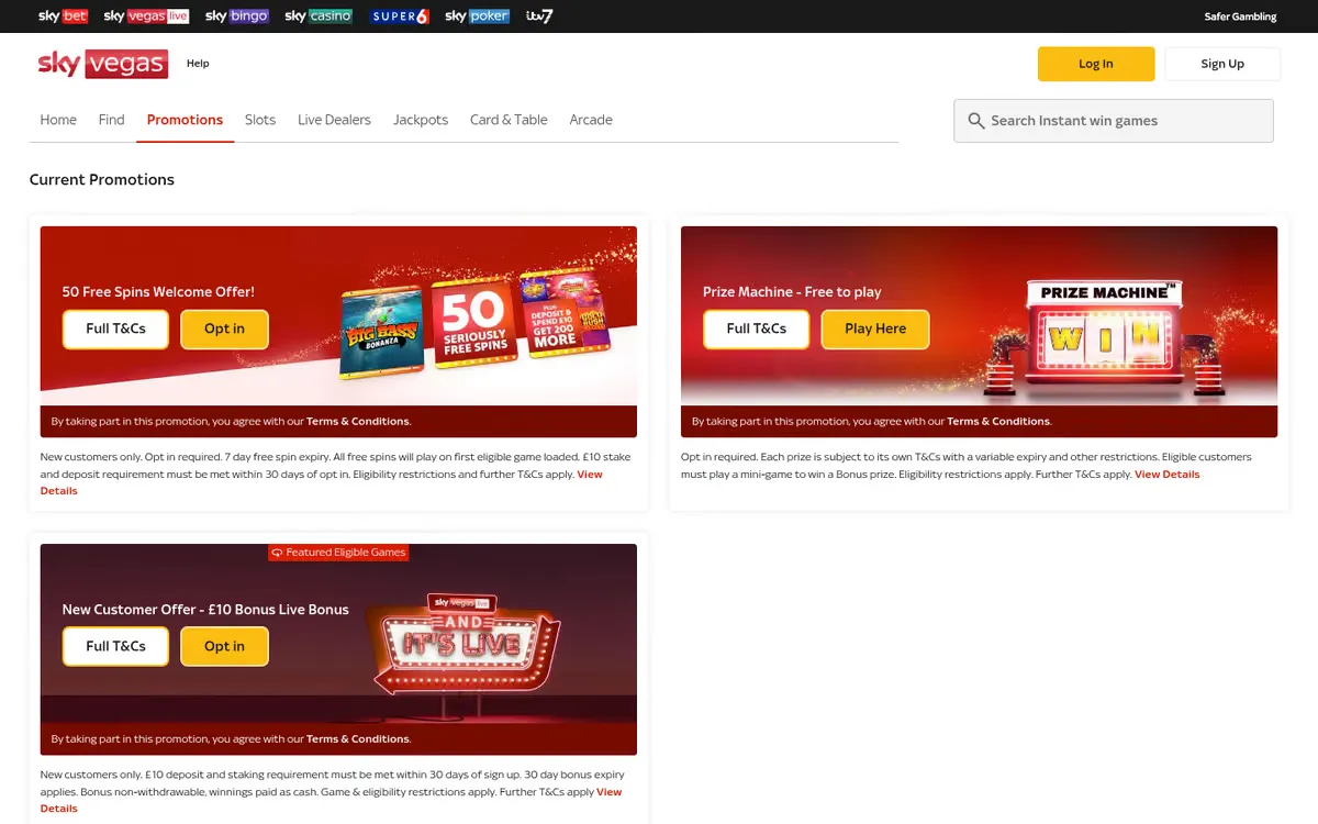 Sky Vegas promotions page