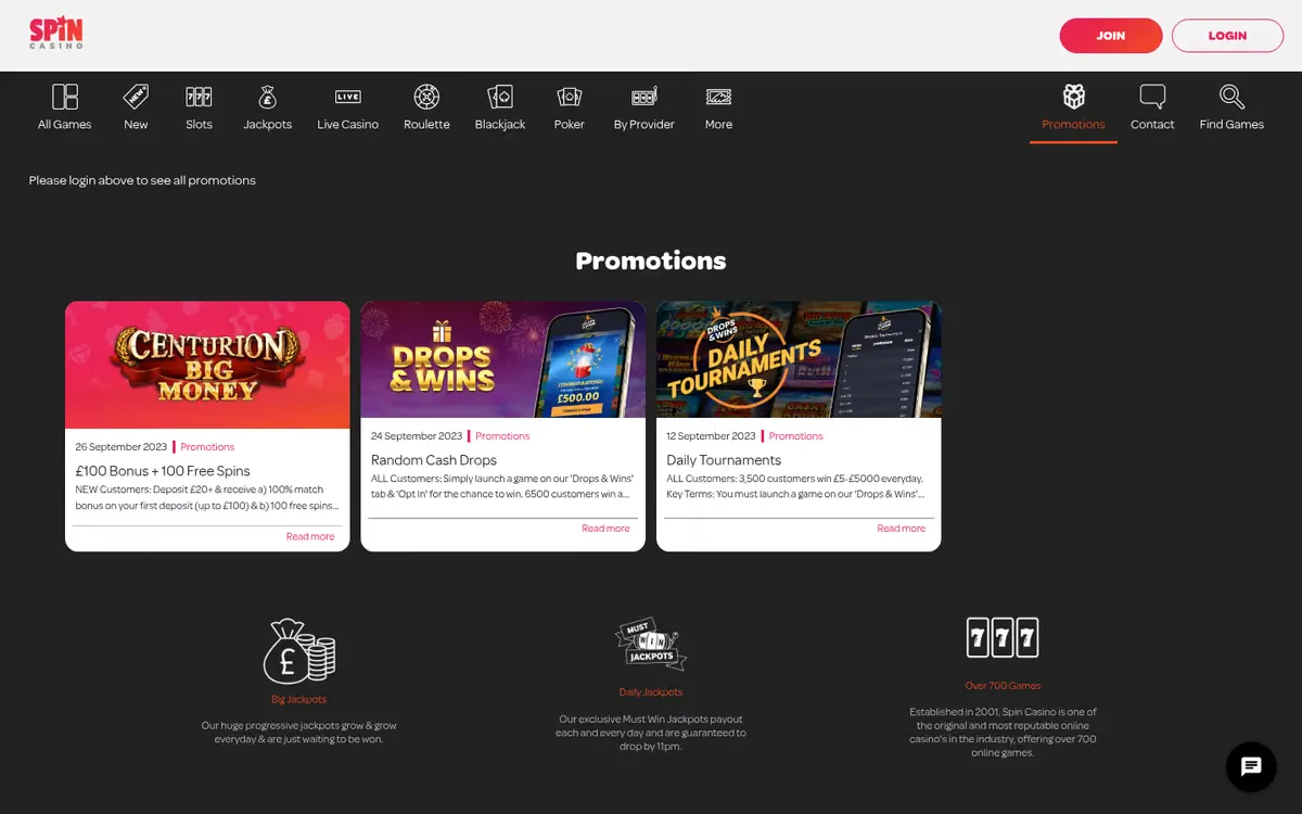 Spin Casino promotions page