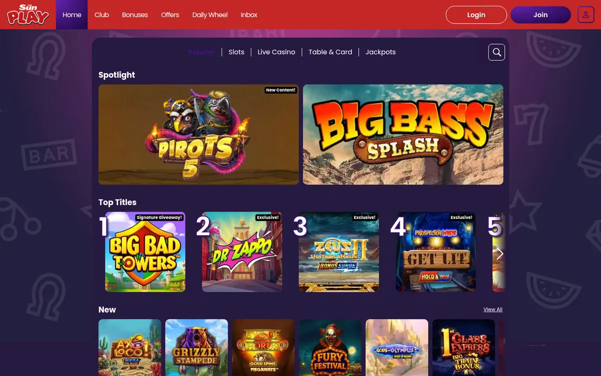 The Sun Play slots lobby