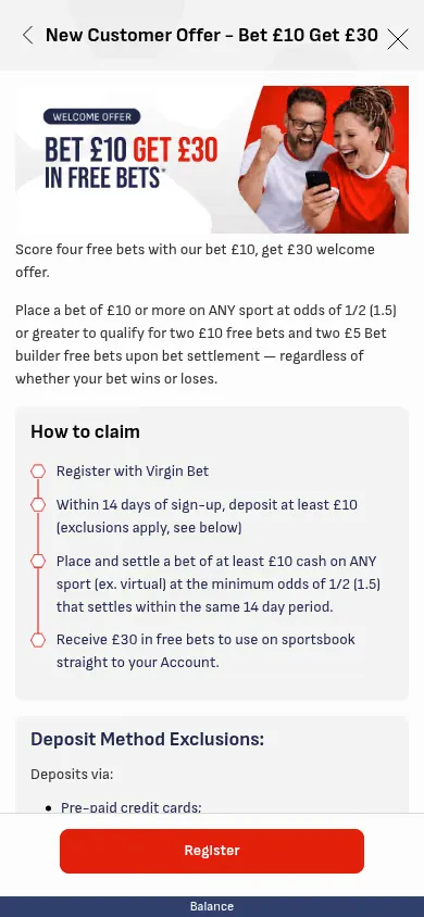 Virgin Bet mobile site