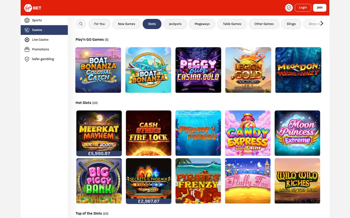 Virgin Bet slots lobby